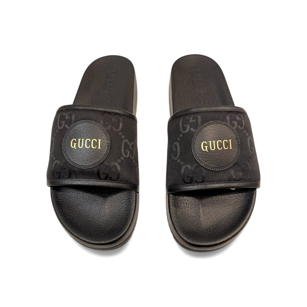 Gucci “Off the Grid” GG Logo Black Slide Sandals with Gold Logo Men’s 12 New!
